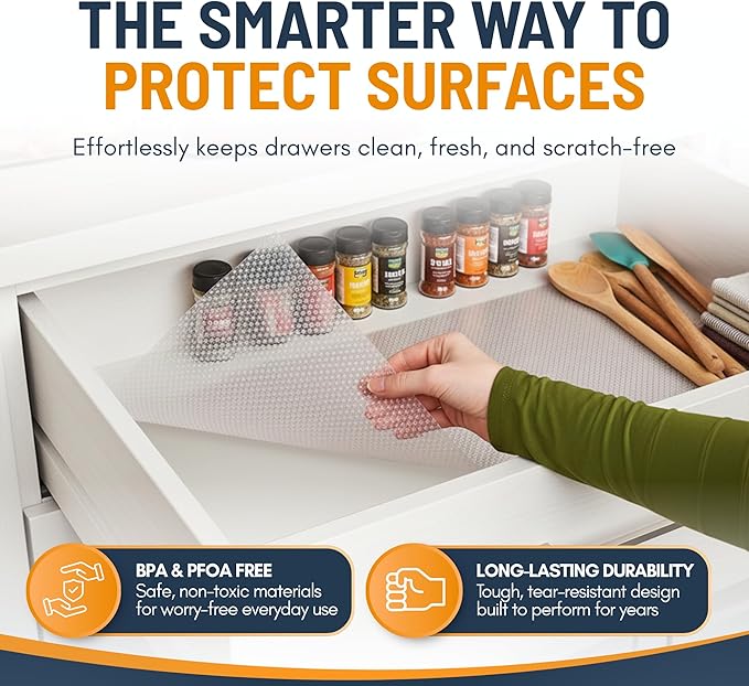 Shelf Liner Drawer Liner for Kitchen Cabinets Non-Adhesive by Linda’s Essentials (12 x 120 Inches) - Non-Slip Easy Clean Kitchen Cabinet and Cupboard Protector, Waterproof Mat, Clear Roll