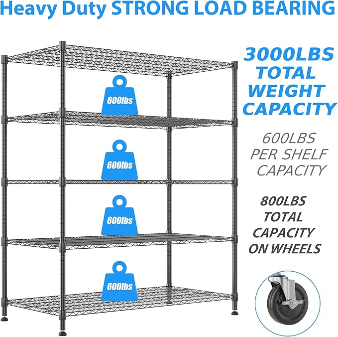 Homdox Heavy Duty Storage Shelves, 5 Tier Wire Shelving Unit with Wheels, Commercial Adjustable Metal Shelves for Storage, Garage Rack Pantry Shelves Kitchen Shelving, 18"x48"x82", Black