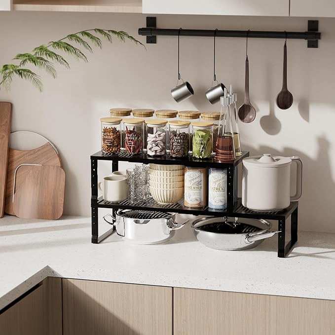 Zilvando Expandable Spice Rack & Kitchen Cabinet Organizer - Stackable, Adjustable Shelves for Cabinets, Countertops, Cupboards & Pantries(2 Packs/Medium/Black)