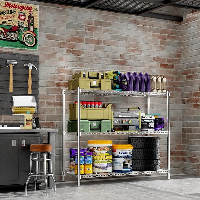 Storage Shelves Heavy Duty, 48" W x 20" D x 47" H Garage Wire Shelving Unit Loads 1200LBS, 3-Tier Adjustable Metal Industrial Utility Shelf Rack for Kitchen, Laundry Room, Pantry, Warehouse, Basement