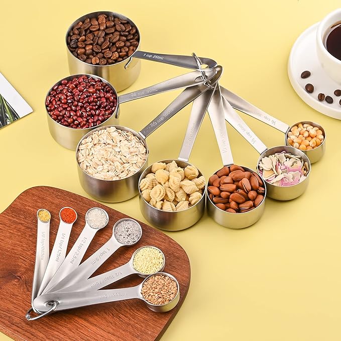 Viwehots Measuring Cups and Spoons Set 16, 18/8 Stainless Steel Measuring Cups and Spoons for Dry&Liquid, 7 Metric&US Measing Cups &6 Measuring Spoons &Measure Equivalents for Kitchen&Baking