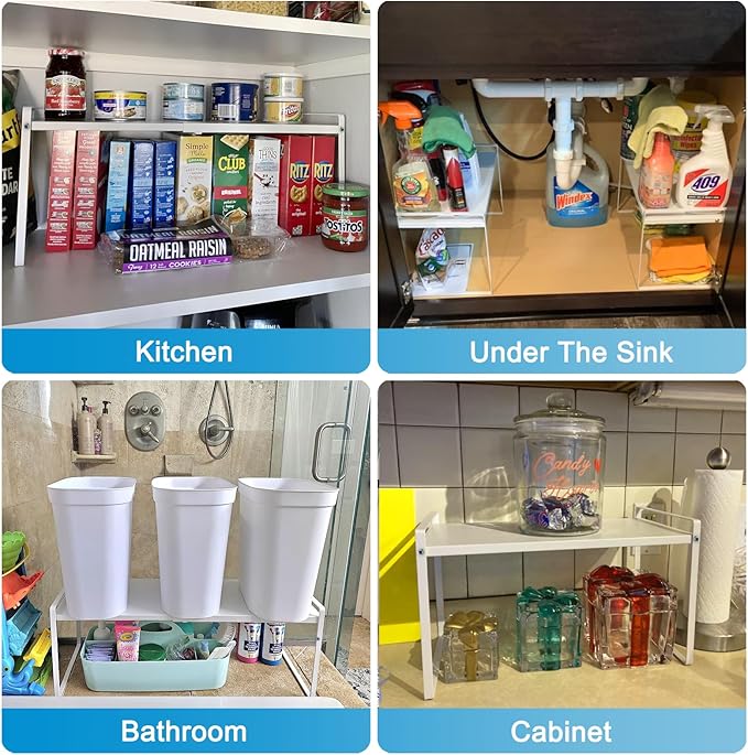 11'' Wide Expandable Cabinet Shelf Organizer Rack Adjustable Length 14''-26'' Pantry Shelf Spice Rack Heavy Duty Nonslip Kitchen Counter Storage Shelves Pantry Cupboard Under Sink Countertop, White