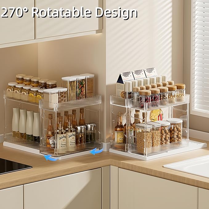 Pull Out Spice Rack Organizer for Cabinet, Rotatable 2 Tier Slide Out Seasoning Organizer and Storage Adhesive Vertical Spice Rack Shelf Pullout for Kitchen Cabinets(2 Drawer, Acrylic)