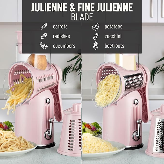 Zulay Kitchen Rotary Cheese Grater 5 Blade Cheese Shredder - Manual Hand Crank Cheese Grater With Reinforced Suction & 5 Interchangeable Drums - Easy to Use, Vegetable Chopper Round Mandoline Slicer