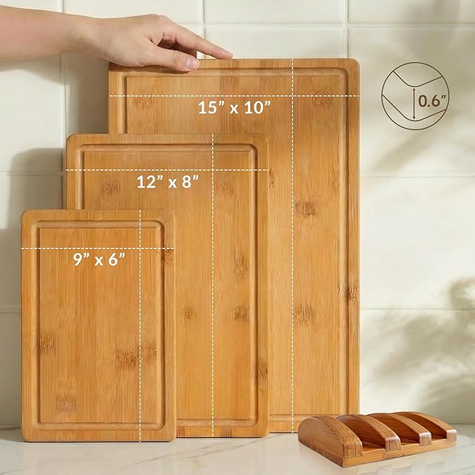 Vietnam Carbonized Bamboo Cutting Board Set of 3 with Holder, Non Toxic Reversible Boards with Juice Groove, Smooth Finish and Non Slip Feet, Handmade in Vietnam for Prep and Charcuterie