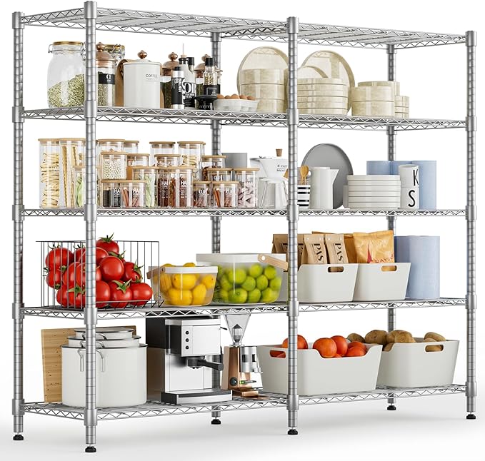 Himimi 5-Tier Wire Rack Shelving-2000LBS Capacity, Adjustable Metal Shelves for Storage, Heavy Duty Storage Shelves for Kitchen, Garage, Pantry, 72" W x 18" D x 72" H, Silver Grey
