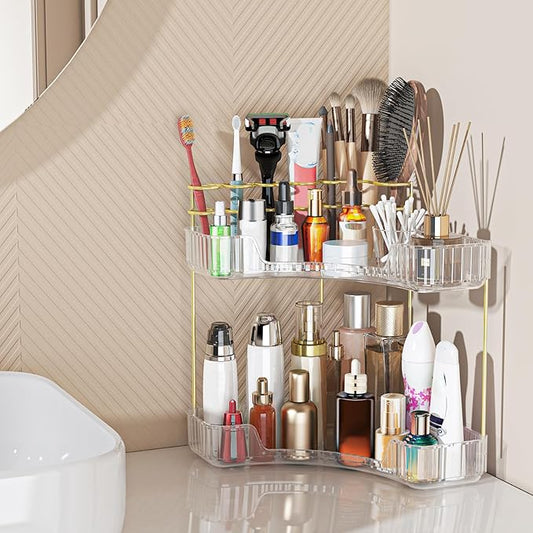 Webetop Corner Makeup Organizer for Vanity, 2 Tier Bathroom Cosmetics Organizer Countertop with Make up Brush Holder Corner Counter Storage Skincare Organizer for Bathroom Dresser Toiletry(Clear)