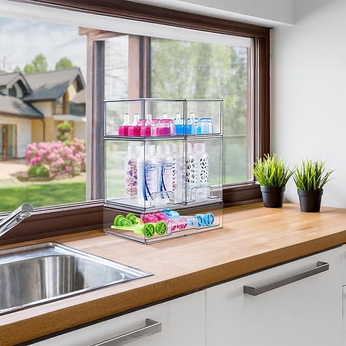 Sorbus Stackable Acrylic Storage Drawers, 4 Pack Clear Plastic Organizer Bins for Baby Bottles, Makeup, Bathroom, Vanity & Kitchen Countertop Organization, Pull-Out Drawer Design for Cabinets & Pantry