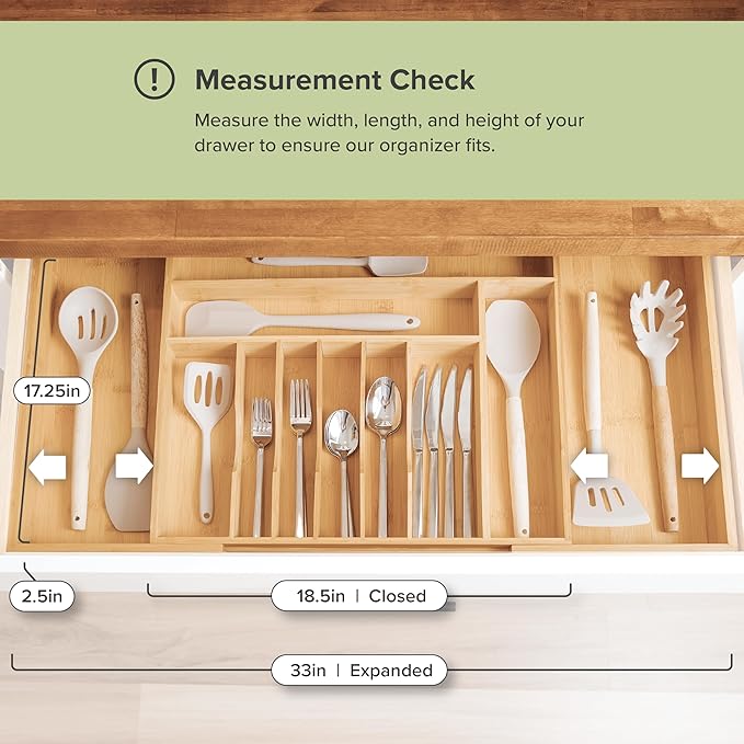 KitchenEdge Premium Silverware, Flatware and Utensil Organizer for Kitchen Drawers, Food-Safe Contract Grade, Expandable from 18 to 33 In, Natural Bamboo