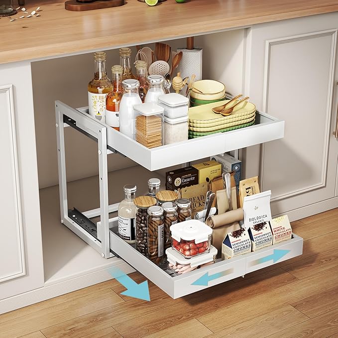 Golener 2-Tier Expandable Pull Out Cabinet Organizer - Slide Out Drawers for Kitchen Cabinets, Bathroom Organizers and Storage, Under Sink Organizer for Kitchen Storage Organization, White Metal Frame