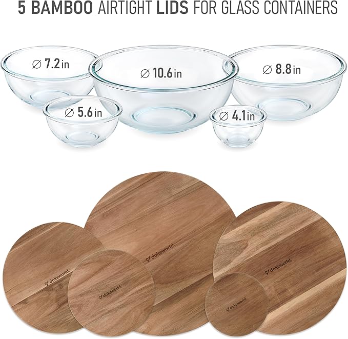 dokaworld Glass Mixing Bowls Acacia Lids - (Bowls Not Included) Lids are compatible with all Glass Mixing Bowls Set
