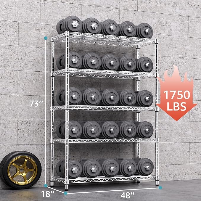 1750 LBS Storage Shelves 5-Tier Utility Shelving Unit Steel Organizer Wire Rack for Home,Kitchen,Office,Garage, Capacity 17.7" D x 47.2" W x 72.3" H | Organizer Wire Rack, for Home, Kitchen, Office, Garage, 1750 LBS Capacity