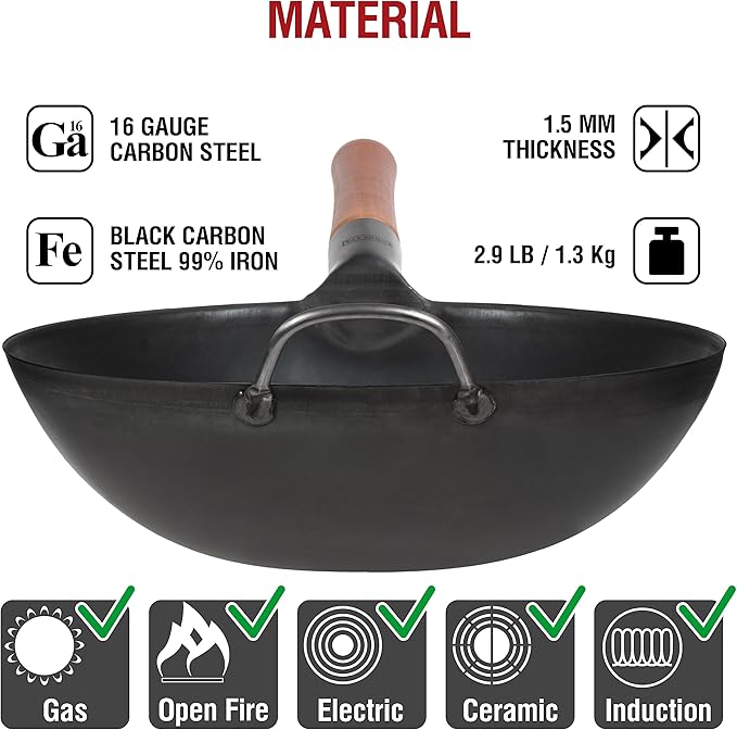 YOSUKATA Carbon Steel Wok Pan – 11,8 “ Woks and Stir Fry Pans + 17’’ Wok Spatula and Ladle - Set of 2 Heat-Resistant Wok Tools