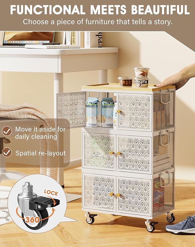 3 Tier Metal Storage Cabinet with wheels, Storage Bins with Magnetic Doors, Storage Cart for Living Room, Bedroom, Bathroom, Laundry, Kitchen