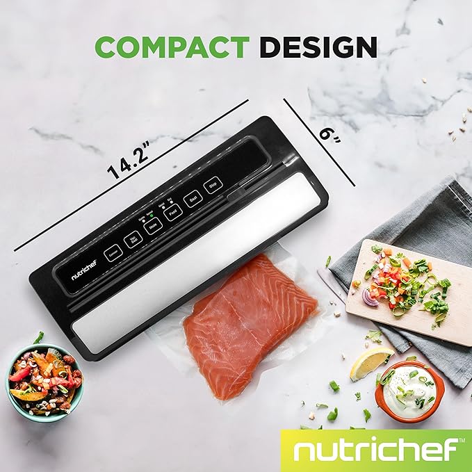 NutriChef Vacuum Sealer | Automatic Vacuum Air Sealing System For Food Preservation w/ Starter Kit | Compact Design | Lab Tested | Dry & Moist Food Modes | Led Indicator Lights (Black), EWE