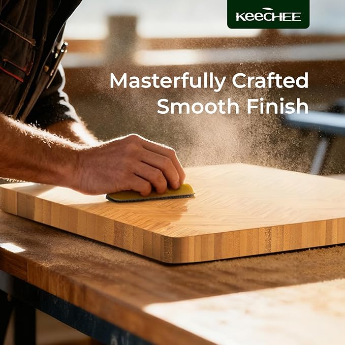 Keechee Atelier Collection Bamboo Cutting Board Set of 3, Reversible Wood Chopping Boards for Kitchen with Juice Grooves, Handcrafted Large Serving Tray, Luxury Housewarming Wedding Gifts for New Home