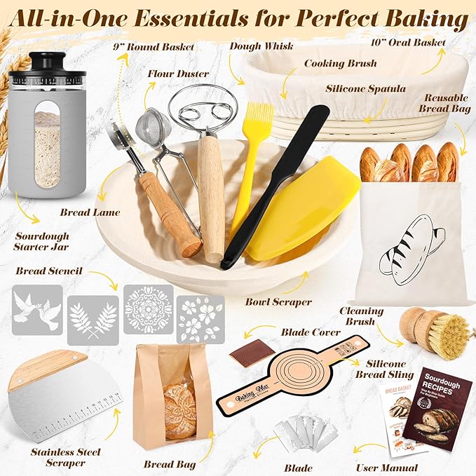 Deluxe Sourdough Starter Kit with Wood Pulp 9" Round & 10" Oval Bannetons & Personalized 34 oz Sourdough Starter Jar Air Flow Lid, Bread Sling Scrapers & Bag Complete Sourdough Bread Baking Supplies