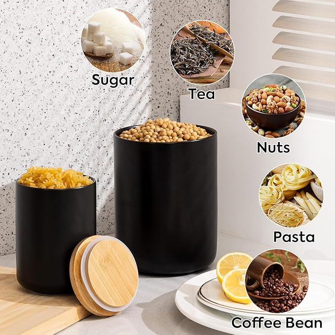 Yangbaga Black Canisters for Kitchen-Kitchen Canisters for Countertop with Airtight Wood Lids/Spoons/Stickers,Ceramic Kitchen Storage Containers for Large Flour,Suger,Coffee（15 OZ