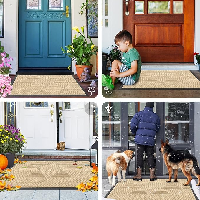 Smiry Front Door Mat Outside Entrance, Heavy Duty Sturdy Natural Rubber Doormat, Trap Dirt and Moisture, Easy Clean Low Profile Welcome Floor Mats for Indoor Outdoor Entry, 71x23 Inch, Beige