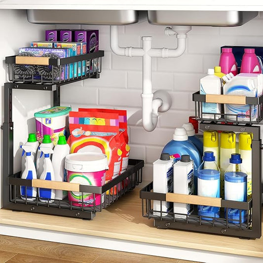 PXRACK Under Sink Organizer, Adjustable Height, 2 Tier Pull Out Under Cabinet Organizer, Slide Out Thickened Metal Under Sink Storage for Kitchen Bathroom Laundry Pantry Cabinet, 2-Pack, Black