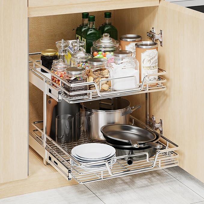 QUYUWU 2-Tier Kitchen Cabinet Pull Out Shelf and Drawer Organizer Slide Out Pantry Storaqe Basket in Multiple Sizes (18" W x 21" D)