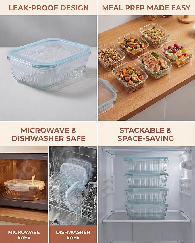 5-Packs, 36 Oz Glass Meal Prep Containers with Snap Locking Lids Glass Food Containers,Airtight Lunch Container,Microwave, Oven, Freezer and Dishwasher