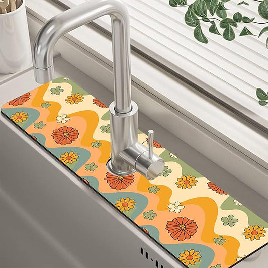 70s Groovy Flowers Sink Faucet Absorbing Mat Retro Waveas Splash Guard Behind Faucet Sink Mat Absorbent Fast Drying Faucet Draining Mat for Bathroom Kitchen 5.5"×24"