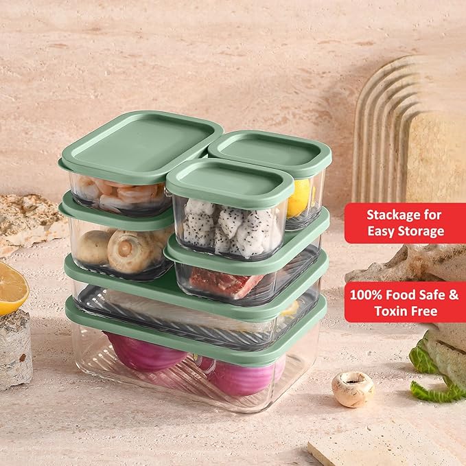 EATEX 7 Pack Glass Meal Prep Containers with Grooved Base, 7 Stackable BPA Free Glass Storage Containers with Lids for Lunch, Pantry, and Kitchen - Microwave, Dishwasher Freezer & Oven Safe - Sage