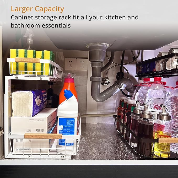whalenoble Under Sink Organizer 2 Pack, 2 Tier Pull Out Cabinet Organizers and Storage for Kitchen Bathroom Pantry Laundry, Adjustable Height, Slide Out Thickened Metal Storage Shelf (Black, 2 Pack)