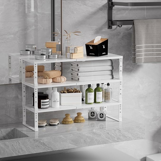 Zilvando Expandable Spice Rack & Kitchen Cabinet Organizer - Stackable, Adjustable Shelves for Cabinets, Countertops, Cupboards & Pantries(3 Packs/Large/White)