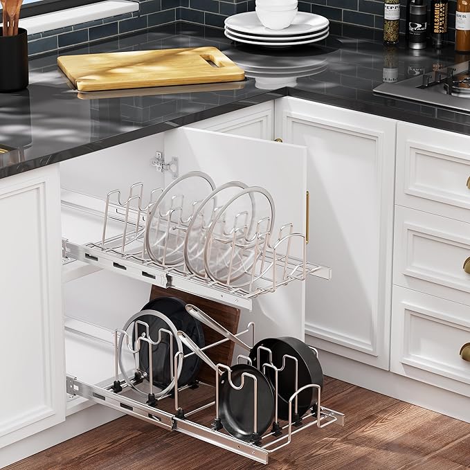 Slide Out Pot Lid Organizer Under Cabinet, Wire Dividers Kitchen Pull Out Pot Lid Storage Rack Holder, Full-Extension Rail 12" W*22" D