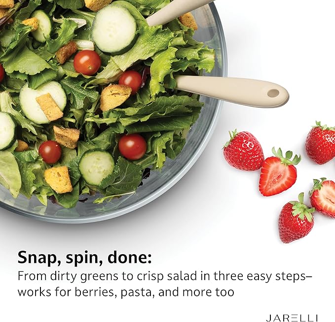 JARELLI Glass Salad Spinner Large Capacity 6.3QT with Storage Lid | Boroscilicate Glass Bowl and BPA-Free and Food-Safe Colander, Base, Spinner Lid and Storage Lid | Washing, Spinning, and Draining