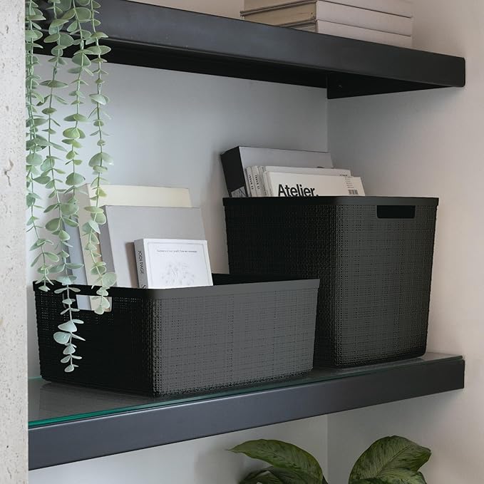 Curver Set of 6 Medium 12L Jute Decorative Plastic Organization and Storage Baskets - Perfect Bins for Home Office, Closet Shelves, Kitchen Pantry and All Bedroom Essentials, Black