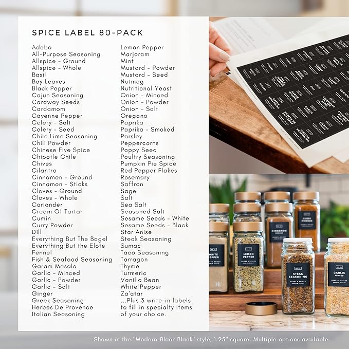 Modern Block-Black Spice Labels (no Jars) by Paper & Pear - Oil Resistant Kitchen Pantry Labels - 1.25” Square Spice Labels Stickers - Durable Spice Jar Labels Preprinted Waterproof - Set of 80