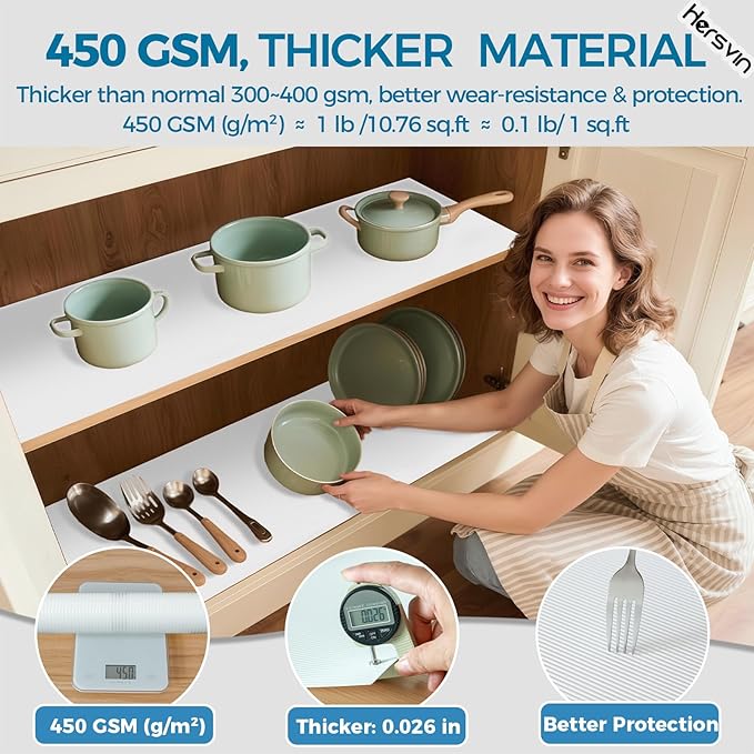 Hersvin Shelf Liners 24 in x 20 ft EVA Drawer Mats, Non-Adhesive Cupboard Protector, Kitchen Cabinet Lining Fridge Liner (White Stripe, 61x610cm)