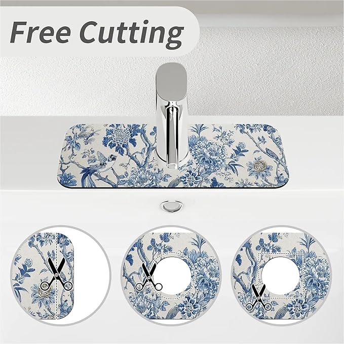 Kitchen Sink Splash Guard，Blue flowers and birds Faucet Mat Sink Gadgets-Super Absorbent Fast Drying Mat Drip Catcher for Kitchen, Bathroom,Sink Mat, Dish Drying Mat, Bathroom(15" X 5.5" )