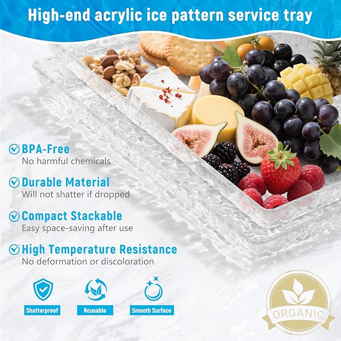 GLITCHCORE Acrylic Tray Serving 4-Pack 13.7 * 10" Platter for Party Trays for Serving Food,Fruit Plastic Serving Trays,Suitable for Home Kitchen and Outdoor Dessert, Cake, and Cookie Plating.