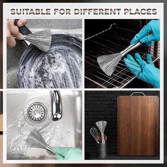 4 Pcs Stainless Steel Dish Brush with Handle Heavy Duty Kitchen Scrub Brush for Dishes Pots and Pans 304 Stainless Steel Long Handle Washing Brushes Metal Scrubber for Dishwashing Cleaning