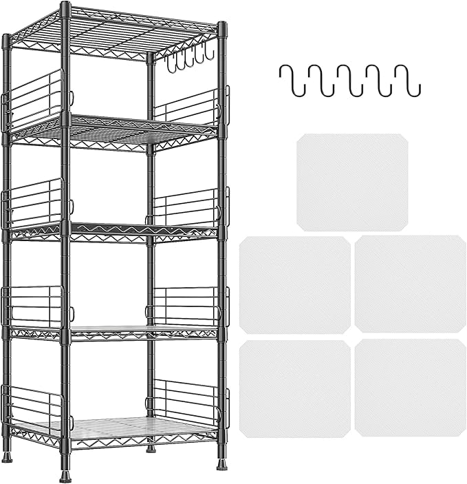 5 Tier Metal Shelving Unit Storage Shelves With Shelf Linker,Adjustable Pantry Shelves Wire Shelving with Hooks,Metal Shelf with Side Blockers for Kitchen,Closet,Office,Laundry,18.1''Wx18.1''Dx59''H