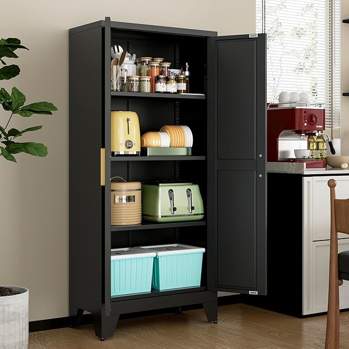 LCAOPC 61" Tall Metal Storage Cabinet with 2 Doors and 3 Adjustable Shelves, 4-Tier Kitchen Pantry Storage Cabinet for Kitchen, Living Room, Dining Room and Office, Black