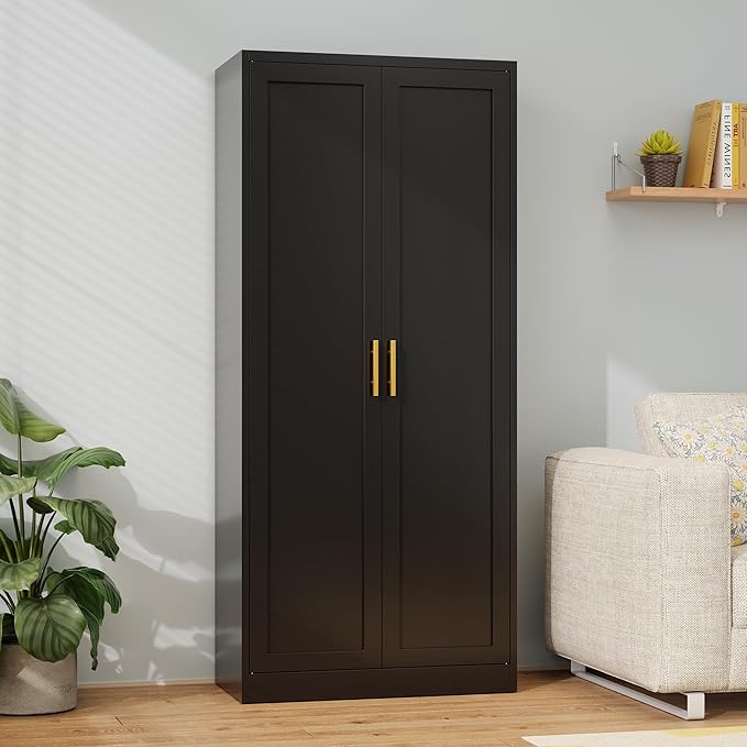 Metal Kitchen Pantry Cabinet, 71"Tall Cabinet with 2 Doors and 4 Adjustable Shelves, Pantry Cabinets for Kitchen Storage, Metal Storage Cabinet for Kitchen, Dining Room, Living Room and Bathroom-Black