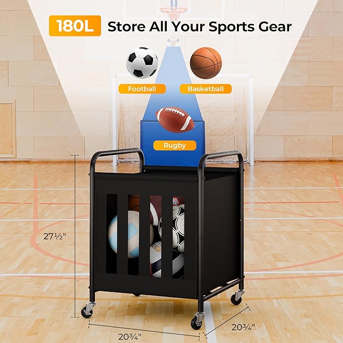 StorageWorks Ball Storage with Wheels, Ball Cart for Garage, Garage Sports Equipment Organizer, Balls Organizer for Basketball, Football, Volleyball