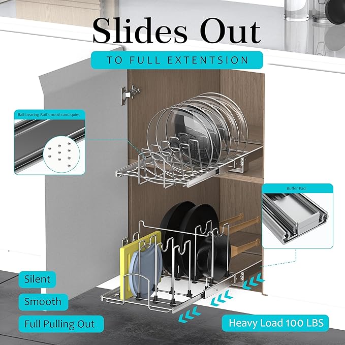STORKING Slide Out Pan and Pot Lid Organizer For Under Cabinet, Wire Dividers Kitchen Pull Out Pot Lid Rack Organization And Storage, Full-Extension Rail, 12" W X 20" D