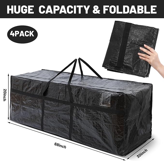 4 Pcs 176 Gallon Extra Large Moving Bags Heavy Duty Storage Bag with Strong Zipper Handle Foldable XXL Jumbo Storage Tote Packing Moving Box for College Dorm Travel Cloth Duffle (Black)