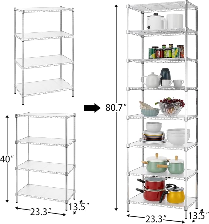 Finnhomy 8-Tier Wire Shelving Unit Adjustable Steel Wire Rack Shelving, 80.7 Inches Height 8 Shelves Metal Storage Rack, Pantry Shelves for Storage with PE mat, NSF Certified, Chrome