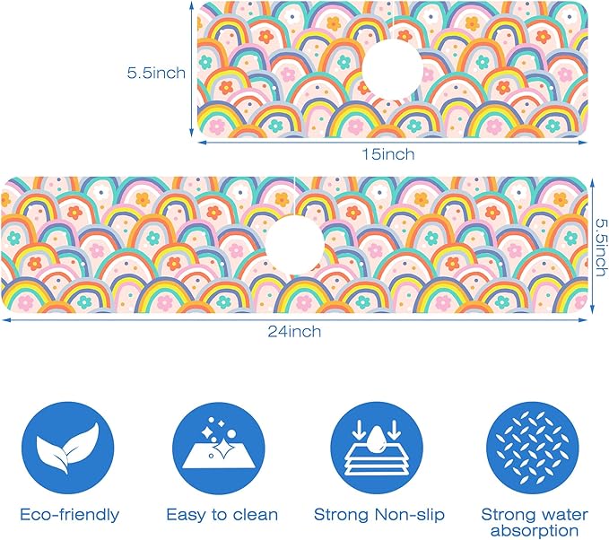 Boho Rainbow Hippie Floral Kitchen Sink Splash Guard Mat Absorbent Fast Drying Mat Faucet Draining Mat Sink Splash Guard Behind Faucet Drip Catcher for Kitchen Bathroom 5.5"×24"