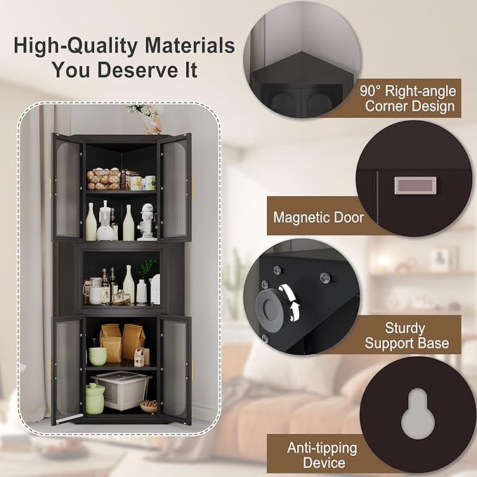 pozdeg 64" Tall Metal Corner Storage Cabinet with Acrylic Glass Doors ＆ Open Display Storage Shelves, Farmhouse Corner Pantry Storage Cupboard for Kitchen, Laundry Room, Bathroom or Bedroom (Black)