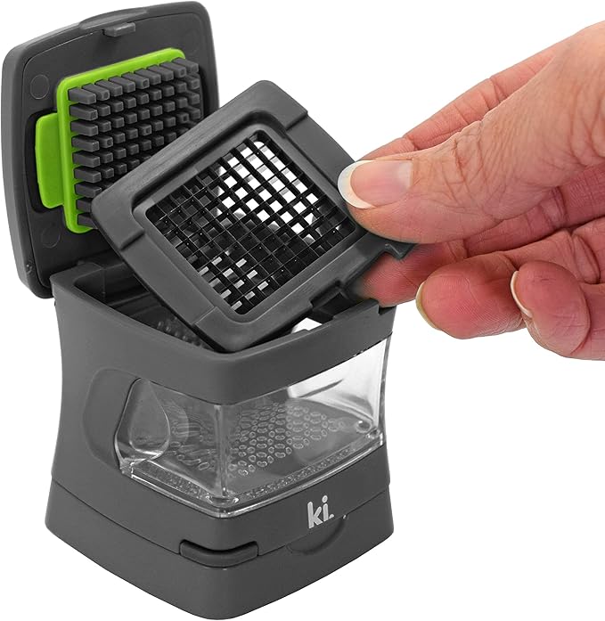 Kitchen Innovations Garlic-A-Peel Garlic Press, Crusher, Cutter, Mincer, and Storage Container - Includes Silicone Garlic Peeler - Easy to Clean - Stainless Steel Blades – (Grey), standard
