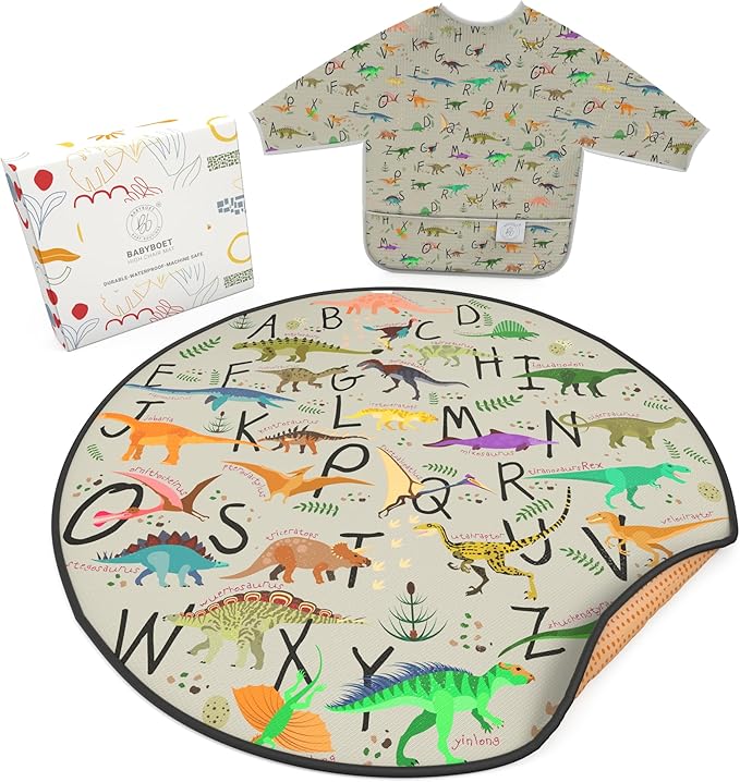 BABYBOET Splat Mat for Baby – Under High Chair Floor Mat Protects Wood, Vinyl and Carpet from Spills – Waterproof 4 Layer Baby Mat Bundle with Waterproof Matching Smock (51” x 51”)