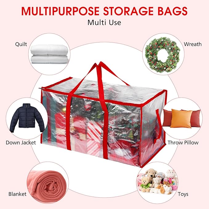 Aliceset 12-Pack Clear Moving Bags 90.84L Heavy Duty Extra Large Storage Totes with Reinforced Handles & Zippers, for Moving, College Dorm, Traveling(Red)